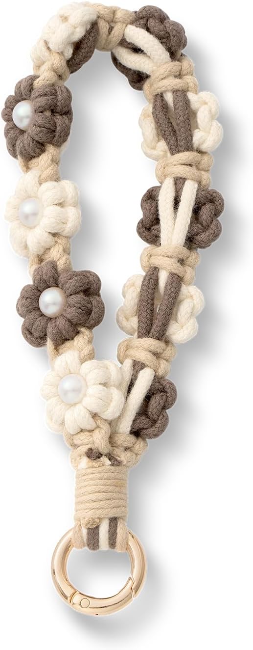 AOKSUNOVA Schlüsselanhänger für Mädchen „Blume“ aus Makramee – kurz, beige/weiß/dunkelbraun