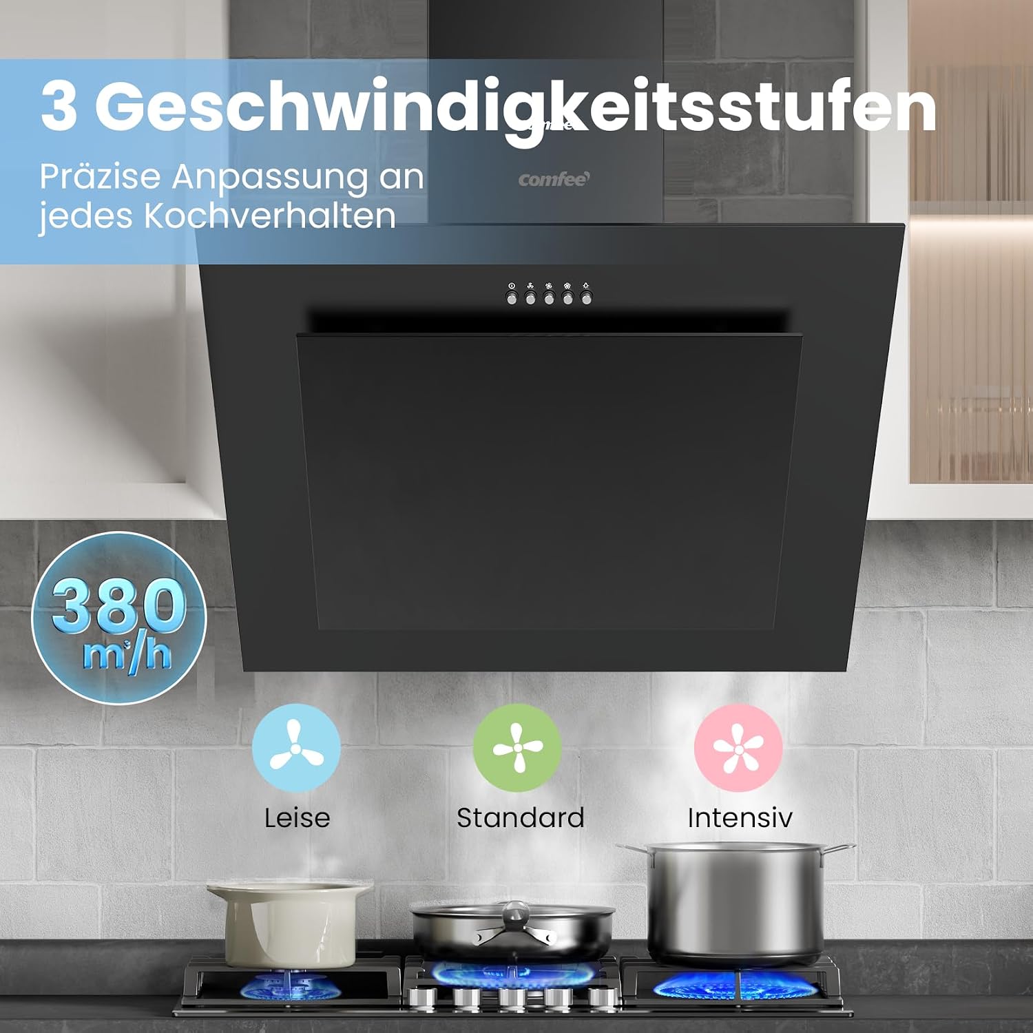 Detalle de COMFEE' CH60J78EM4A2B Dunstabzugshaube 60 cm – Kopffreihaube, Umluft/Abluft, 380 m³/h, LED, Aktivkohlefilter, Schwarz