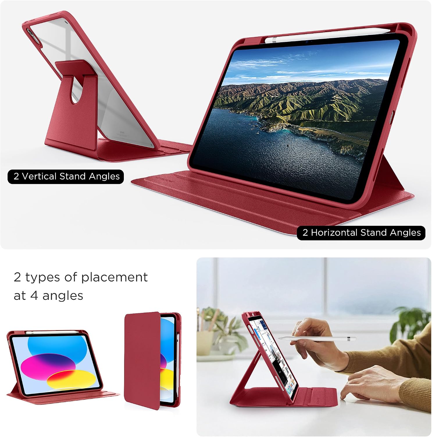 Detalle 2 de CACOE 360 Rotating Case for iPad (A16) 11th/10th Generation with Pencil Holder – Wine Red