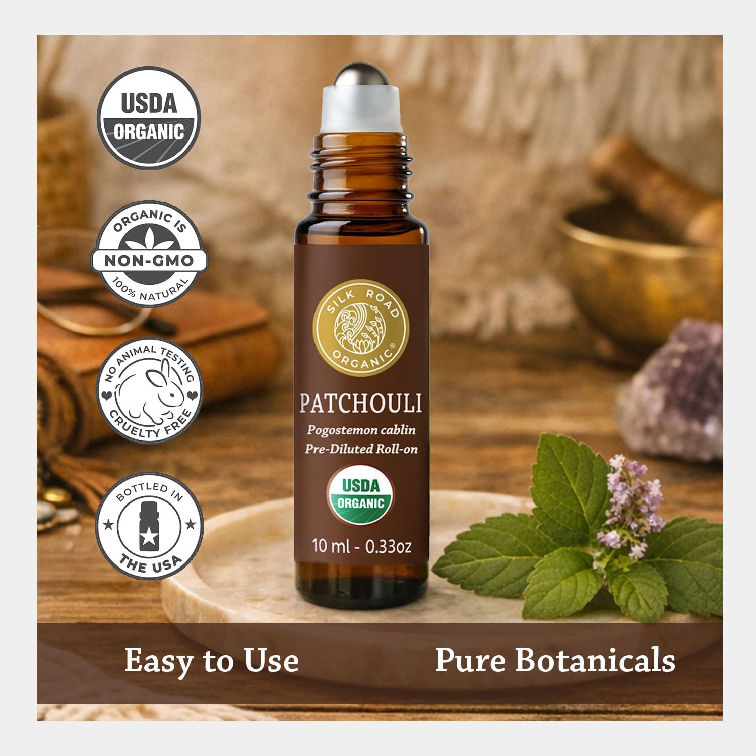 Detalle de Silk Road Organic Patchouli Essential Oil Roll-On (10 ml) — USDA Certified Organic