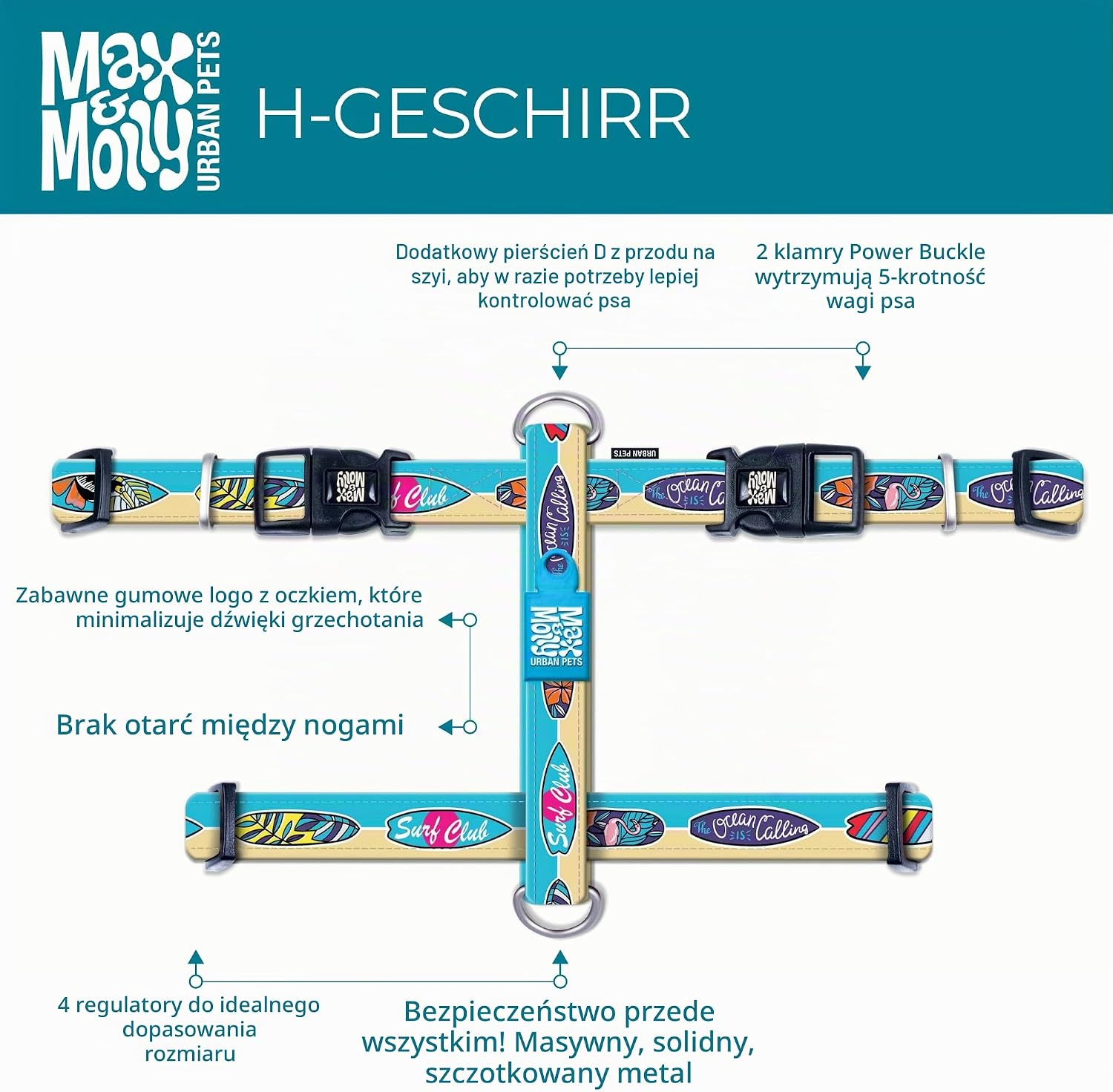 Detalle 2 de Max & Molly Blue Ocean M – szelki dla psa typu H z neoprenem i poliestrem