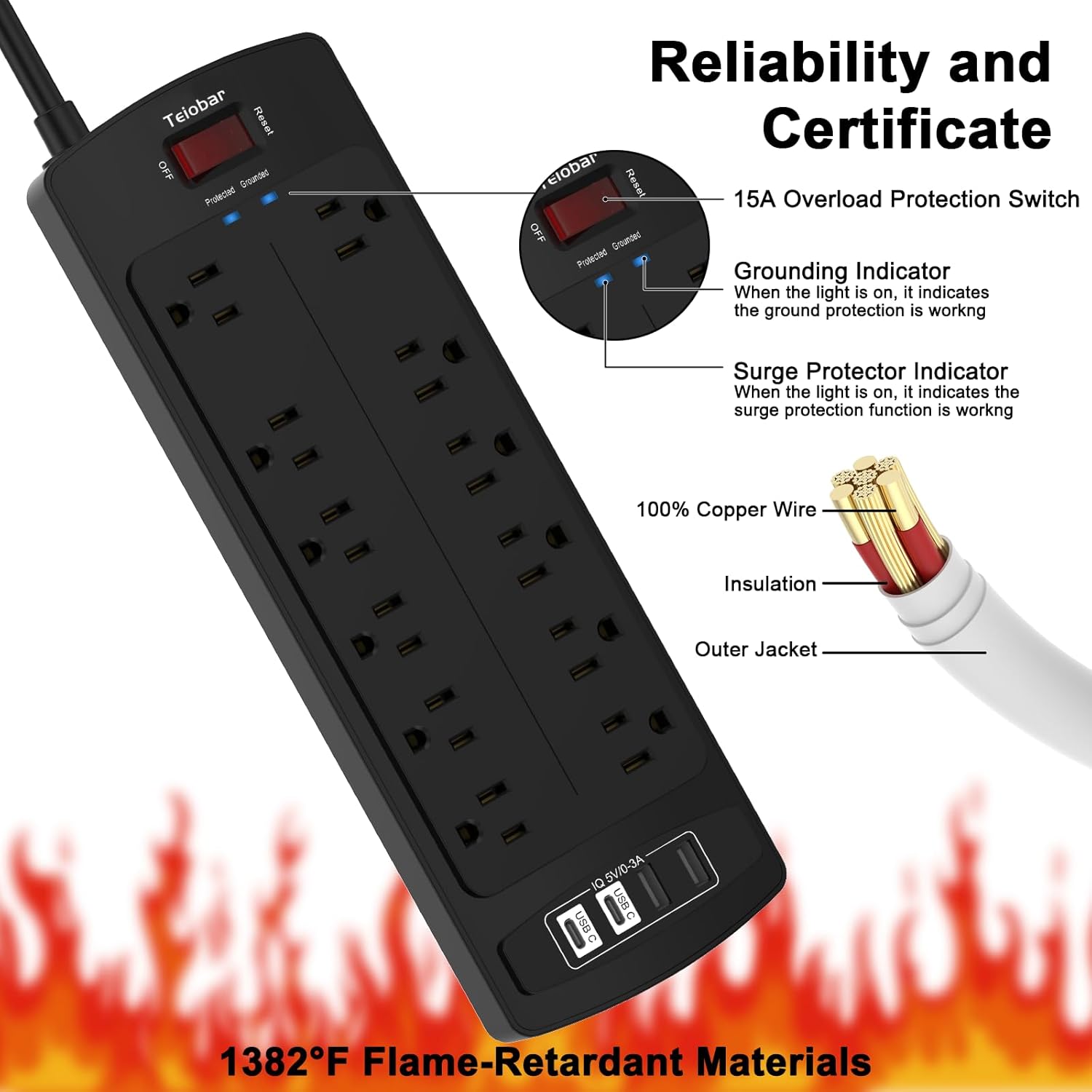 Thumbnail 5 de Teiobar 6 Ft Extension Cord Power Strip with Surge Protection, 12 AC Outlets, and 4 USB Ports (2700 Joules)