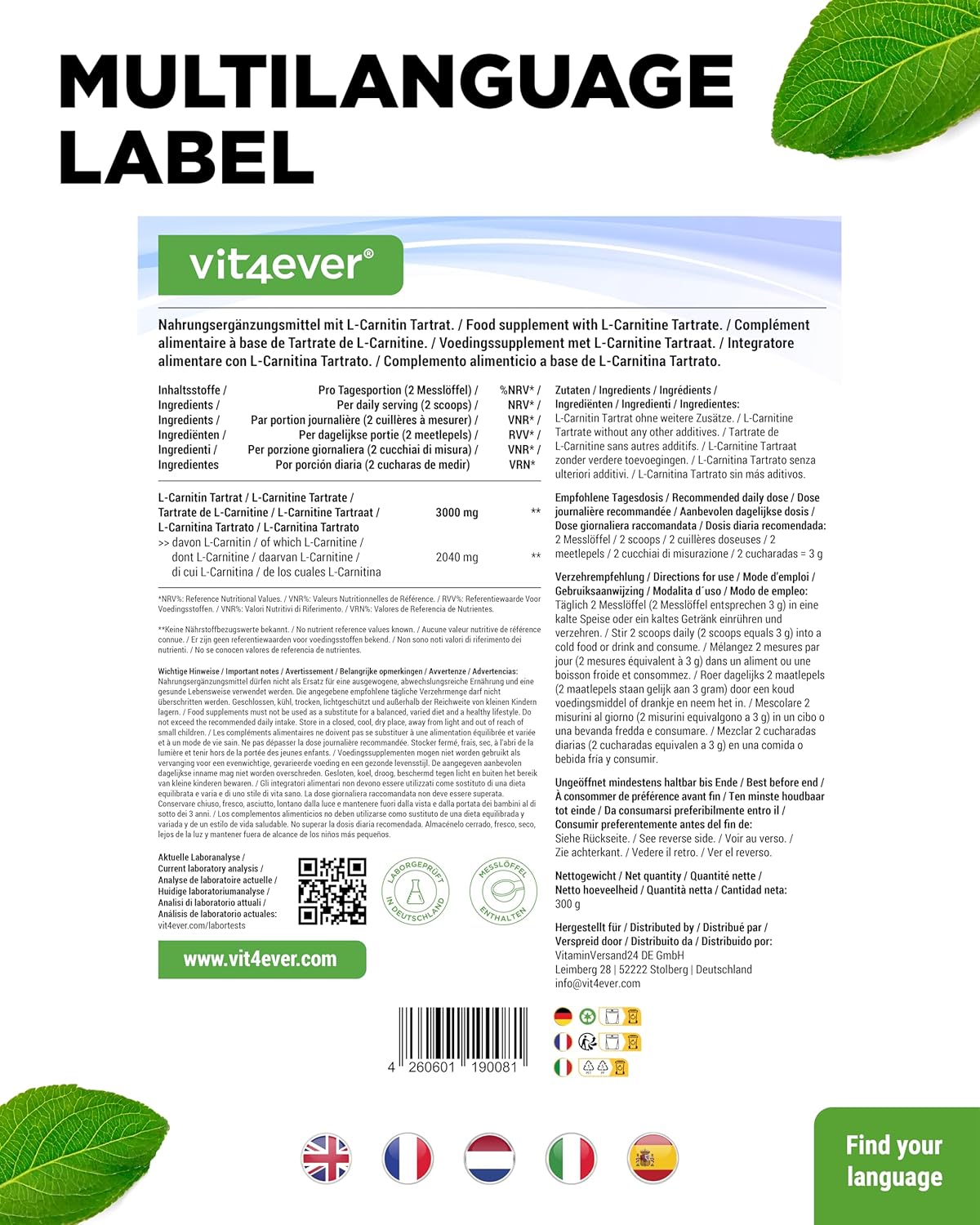 Detalle de vit4ever L-Carnitin Pure 300 g Pulver (L-Carnitin-Tartrat) – 100 Portionen