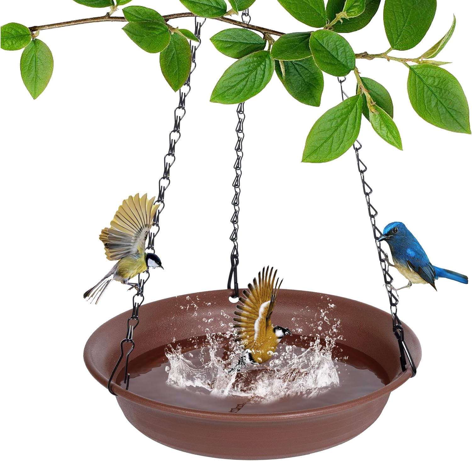 Detalle de VUWEZ 12-Inch Hanging Bird Bath Tray, Chocolate PP Plastic with 18.5-Inch Chain