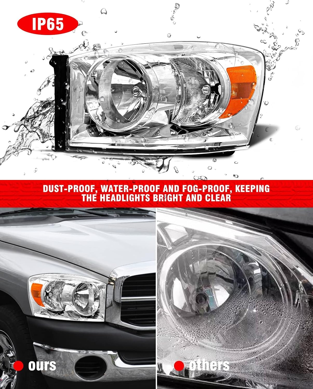 Thumbnail 5 de ADCARLIGHTS Headlight Assembly Pair for 2006–2008 Dodge Ram 1500 and 2006–2009 Ram 2500/3500 (Clear Lens, Chrome Housing, Amber Reflector) — W/O Bulbs