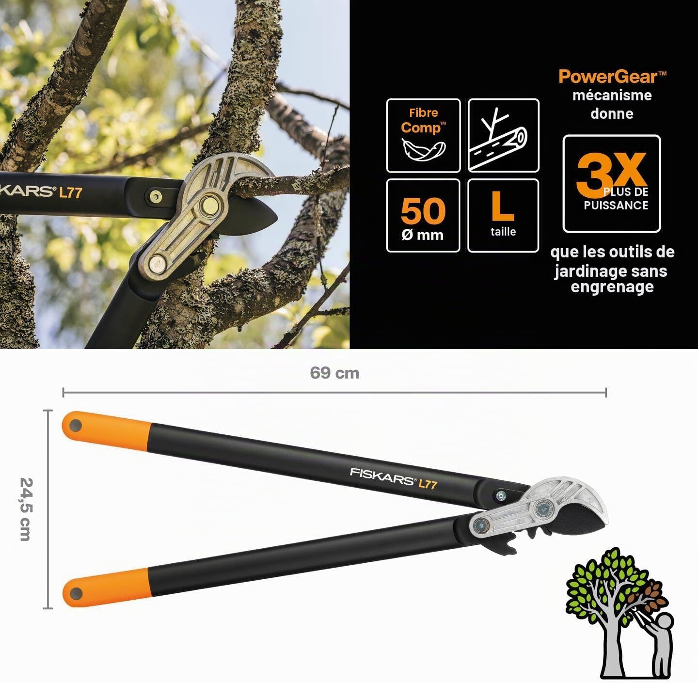 Detalle de Fiskars Coupe-branches à enclume PowerGear II L77 (69 cm) – coupe jusqu’à 5 cm