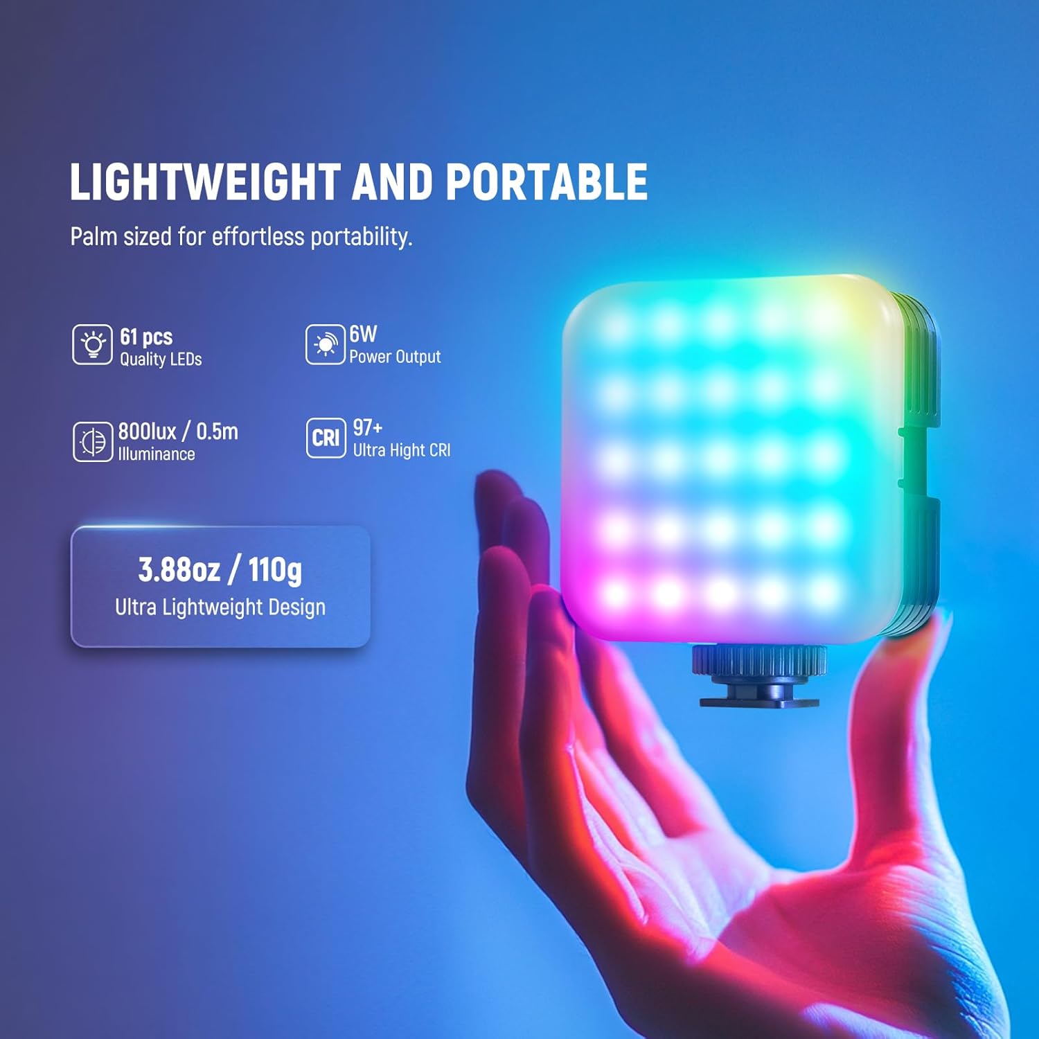 Thumbnail 1 de NEEWER Lampe vidéo magnétique RVB RGB62 compacte (contrôle via application, trépied de bureau, CRI97+)