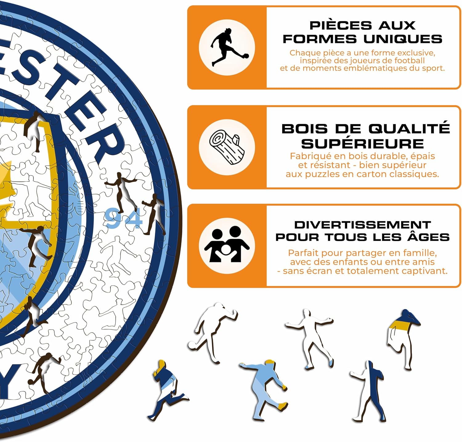 Thumbnail 6 de Iconic Puzzles Manchester City (logo) — puzzle en bois sous licence officielle, taille M, 270 pièces