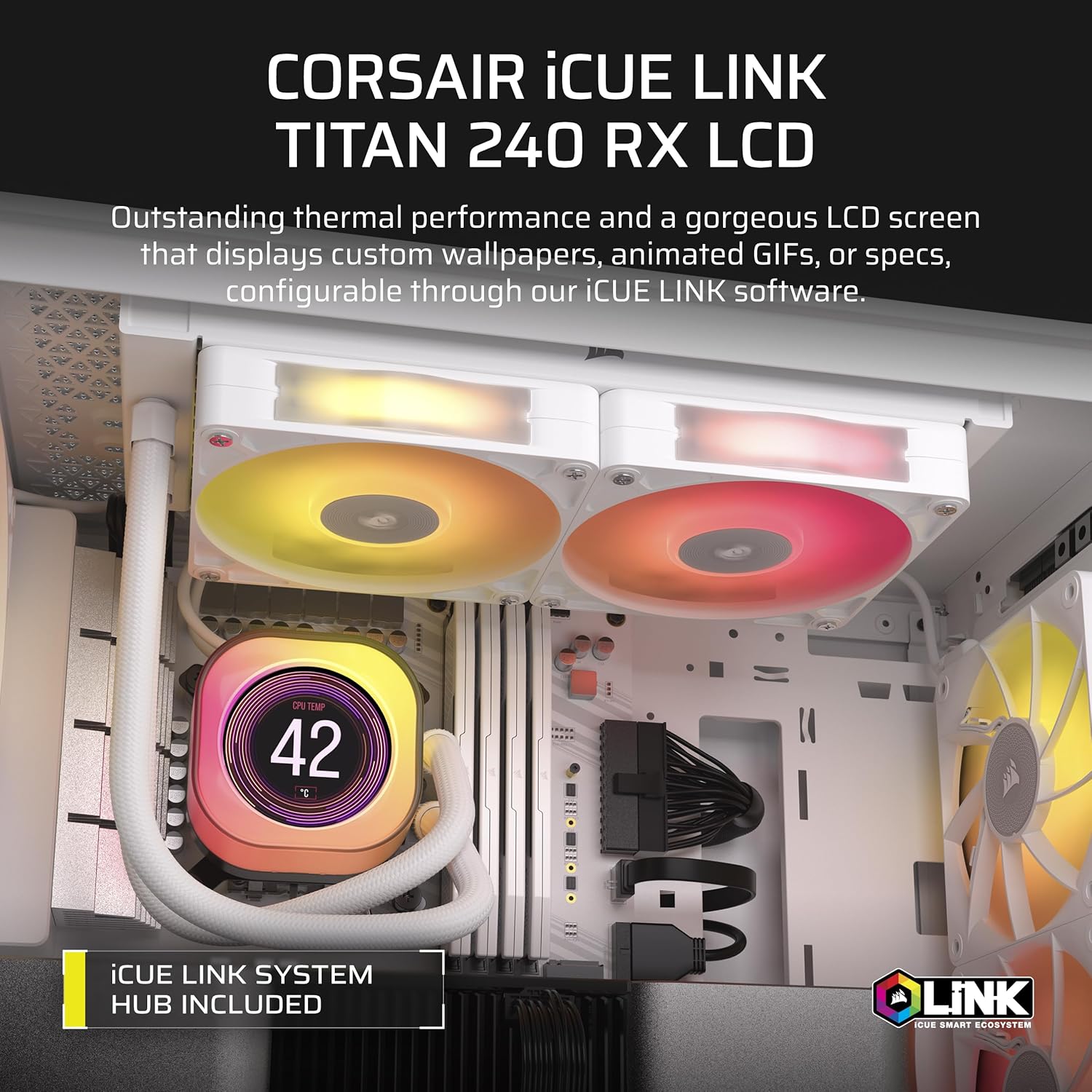 Detalle de Corsair iCUE LINK TITAN 240 RX LCD Liquid CPU Cooler – 240mm AIO (White)