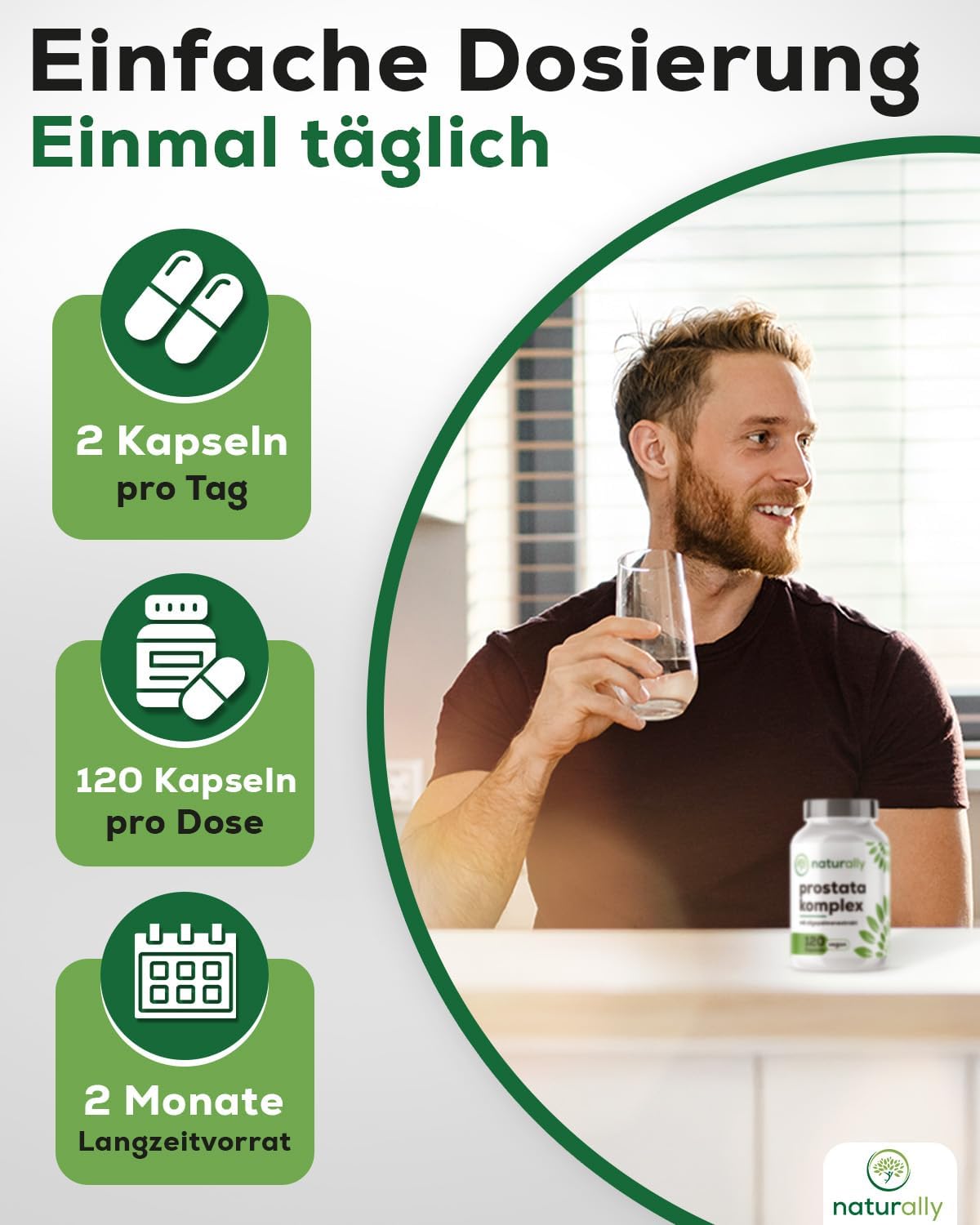 Detalle de Naturally Prostata Komplex Kapseln hochdosiert (120 Stück) – Prostata-Gesundheit mit Kürbiskern, Sägepalme, Brennnessel, Vitamin E, Zink und Selen