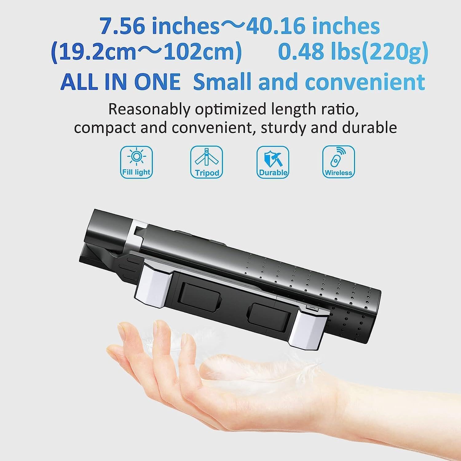 Detalle de Selfie Stick Tripod Quadrapod with Fill Light and Bluetooth Remote – 4-Leg Stability, Stainless Steel, iPhone & Android