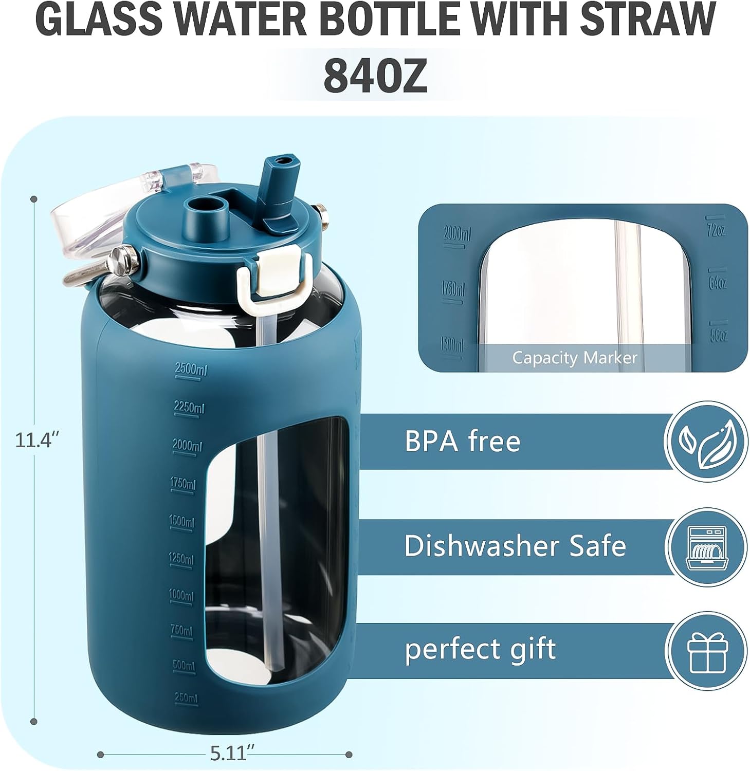 Detalle de BLUEGO 2.5L Glass Water Bottle with Stainless Steel Handle (Dark Blue) – 2500ml BPA-Free