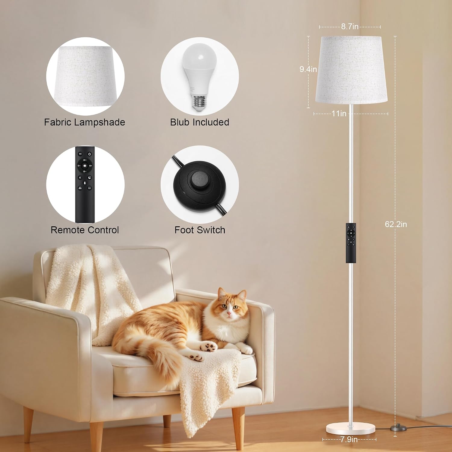 Detalle 2 de SIBRILLE Lampada da Terra per Salotto 9W con Telecomando e 3000K-6000K, paralume in lino e base bianca