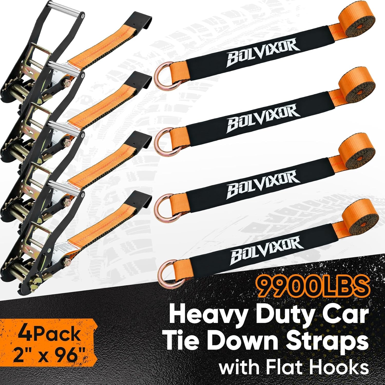 Detalle de Bolvixor 4 Pack Car Tie Down Straps for Trailers — 2" x 96", 9900LBS Break Strength, Heavy-Duty Tire Ratchet Straps with Flat Hooks