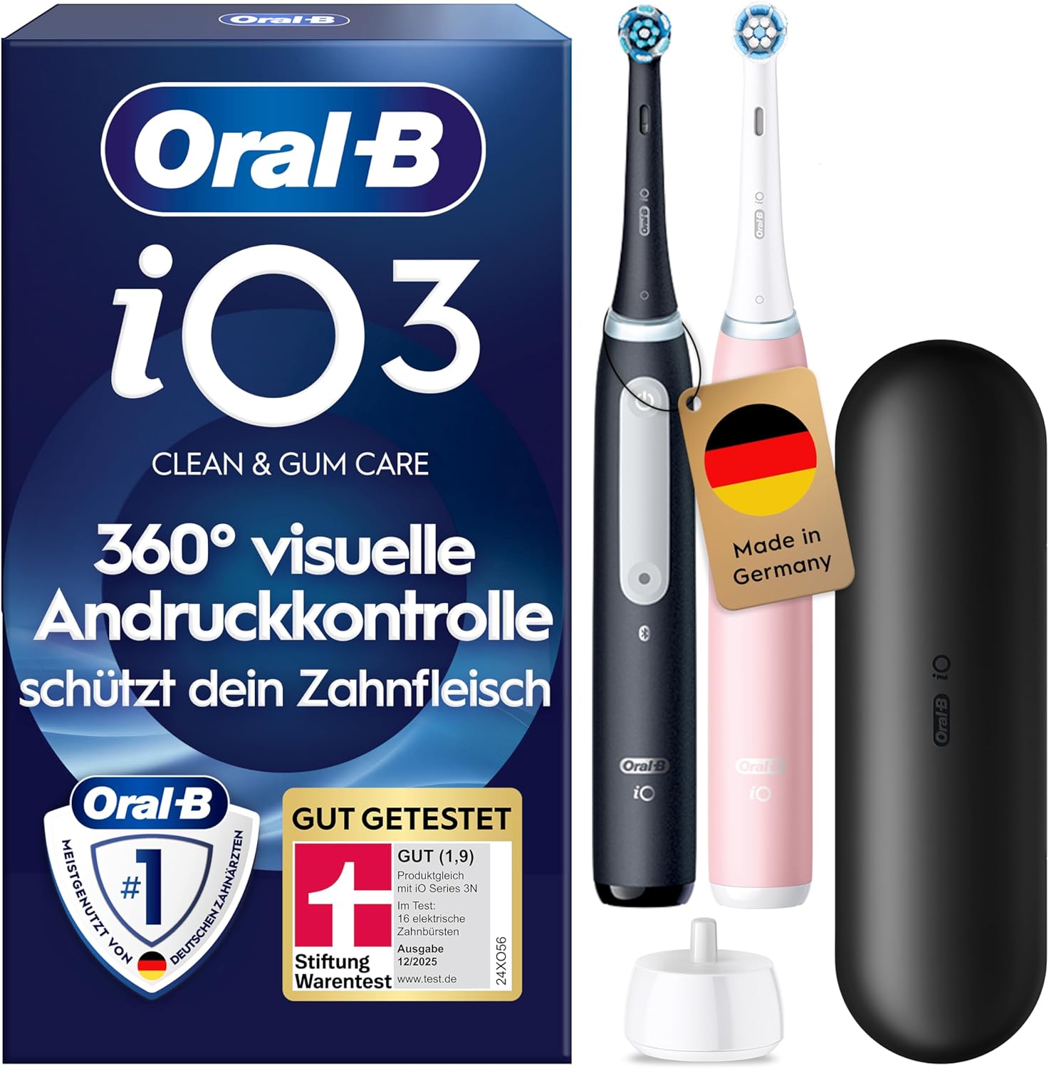 Detalle de Oral-B iO Series 3 Elektrische Zahnbürste – Doppelpack (2 Aufsteckbürsten) von Braun, getestet von Stiftung Warentest