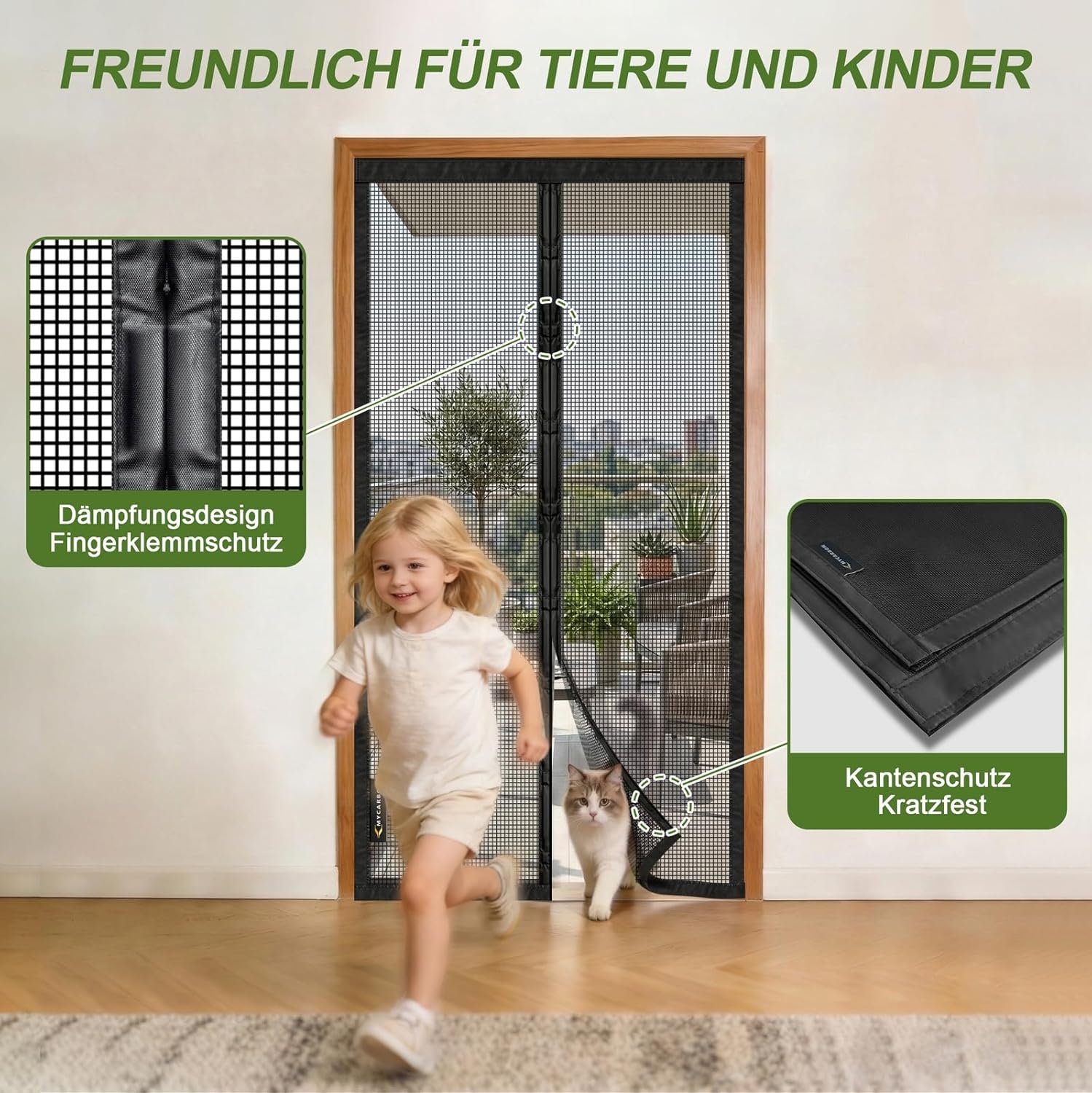 Detalle 2 de MYCARBON Fiberglas Fliegengitter Balkontür gegen Katzenkratzer – 95x210 cm, 3,8 cm Klettband, UV-beständig, schwarz