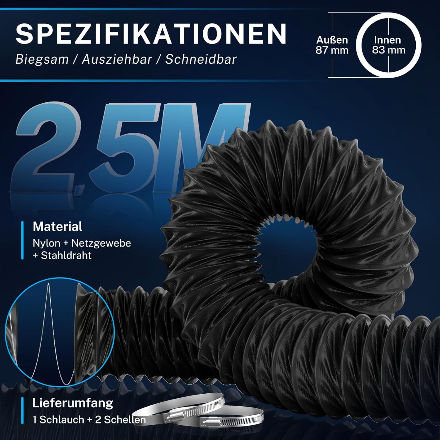 Detalle de Hon&Guan ø75 mm Abluftrohr Flexschlauch 2,5 m aus hitzebeständigem Nylon (inkl. 2 Schlauchschellen, schwarz)