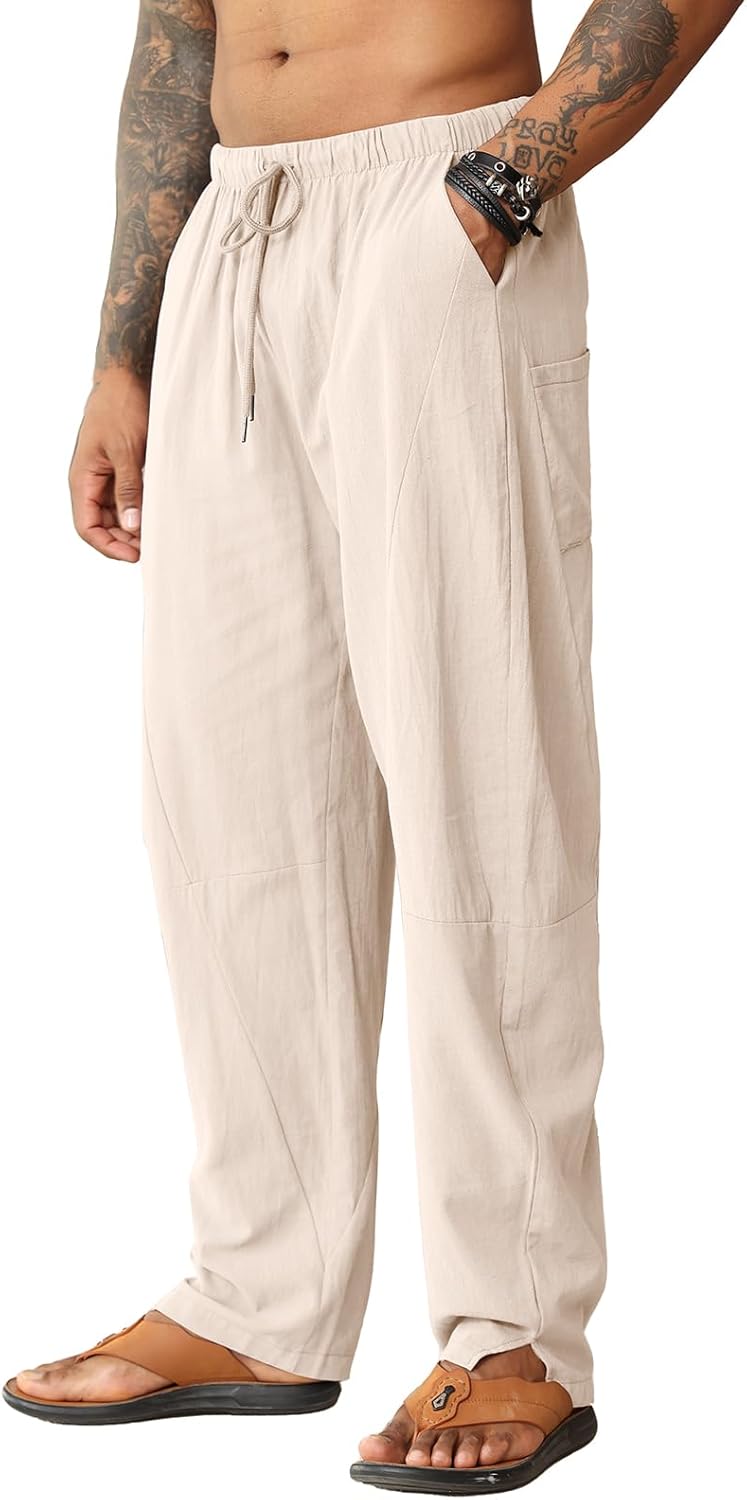 Detalle de EDITCOZY Men's Linen Trousers: Loose Beach Pants for Everyday Comfort
