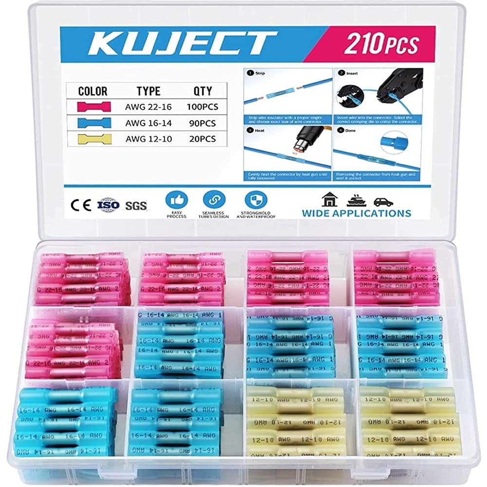 Kuject Stoßverbinder-Set (210 Stück) mit Schrumpfschlauch, wasserdicht – 10 bis 22 AWG