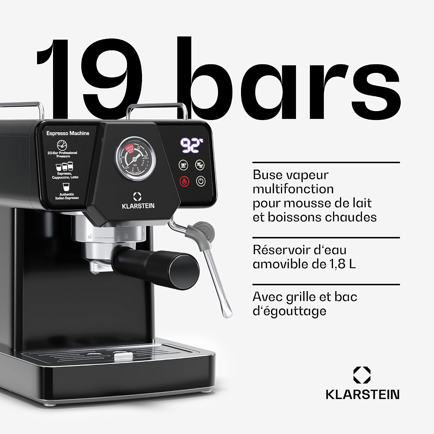 Detalle 2 de Klarstein Libeica TK57-LibeicaBlack espressomachine met 19 bar en stoompijpje