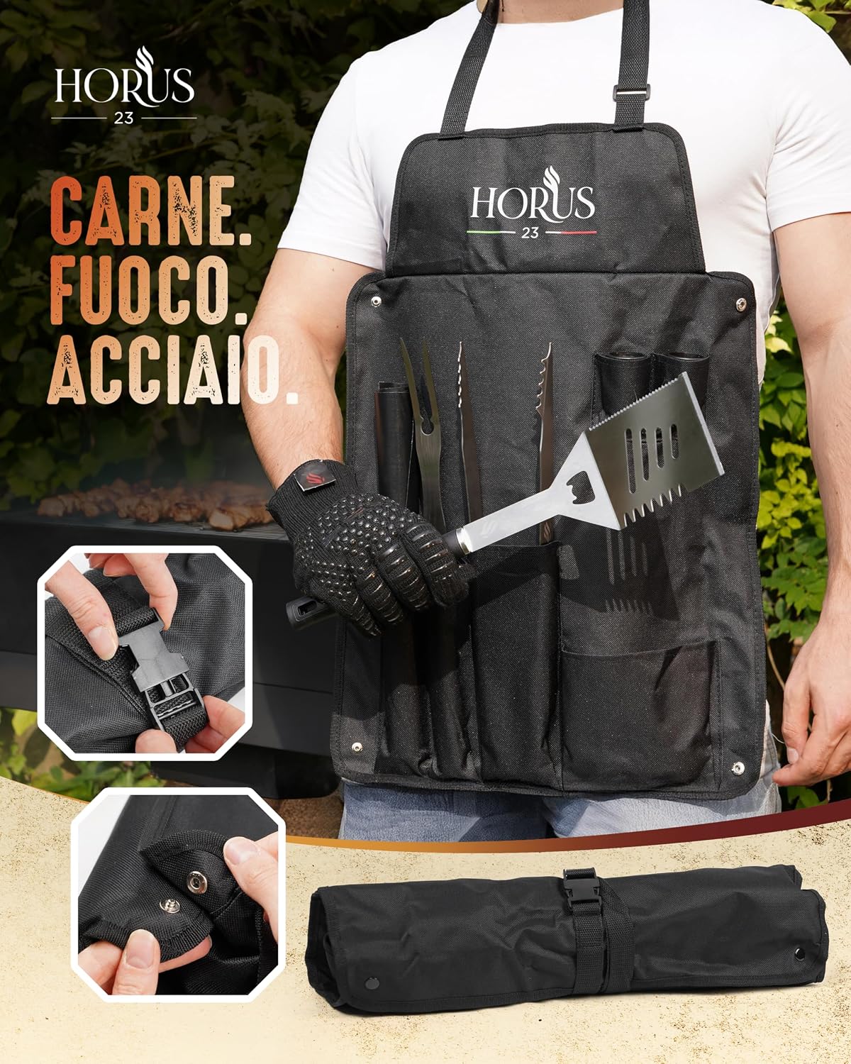 Thumbnail 2 de HORUS 23 Set barbecue con guanto ignifugo EN 407:2020, grembiule Oxford e accessori in acciaio inox