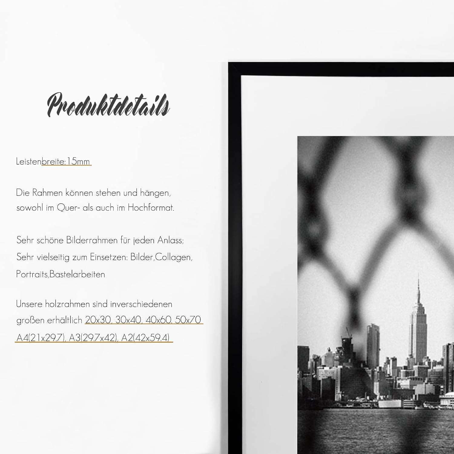 Thumbnail 2 de VUVUZULA Bilderrahmen 50x70 cm Schwarz im 3er-Set mit Passepartout – Posterrahmen aus Kunststoff