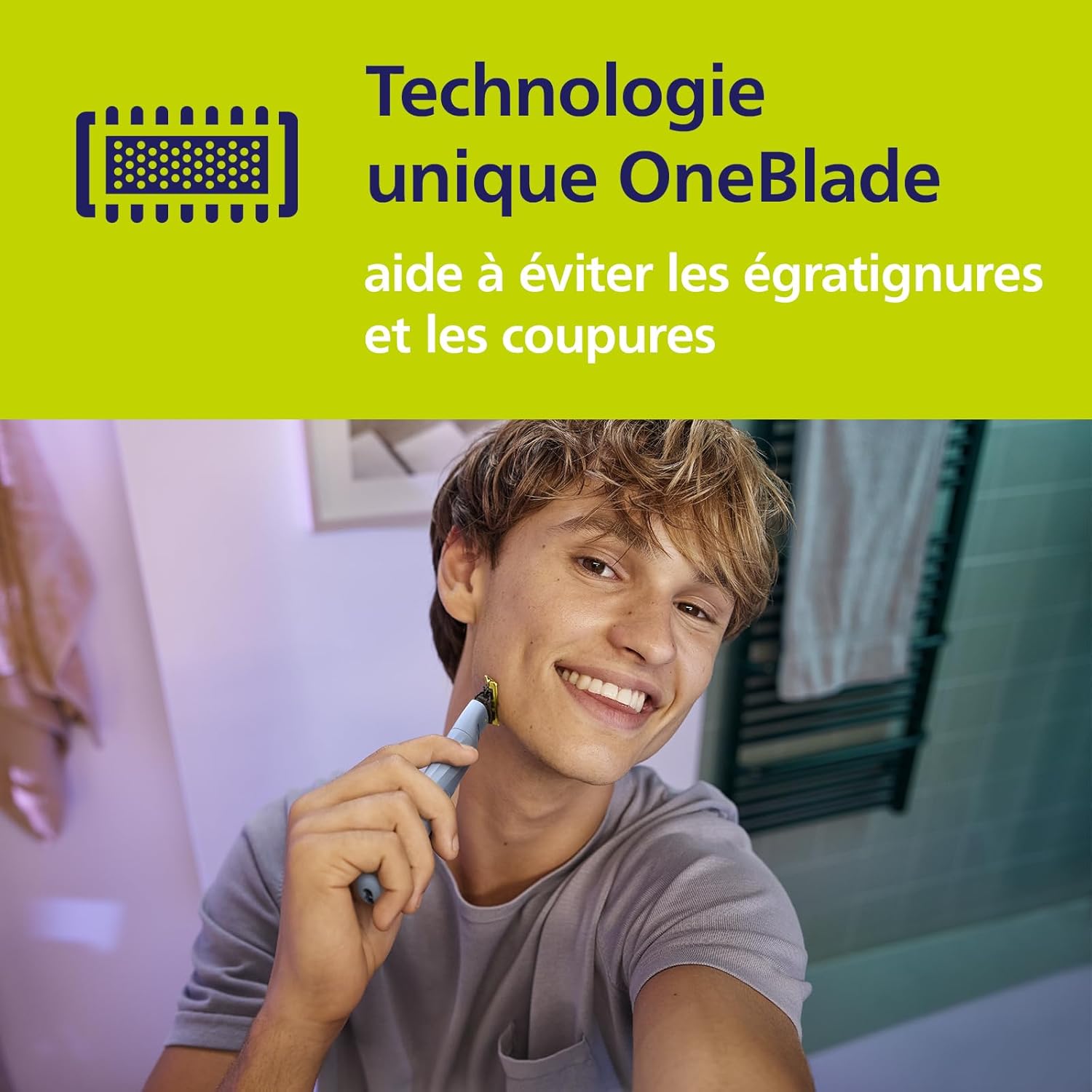Detalle de Philips OneBlade First Shave QP1324/30 : système hybride de rasage pour adolescents, étanche