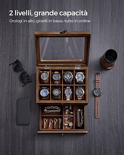 Detalle de SONGMICS GISELLA Collezione Scatola per Orologi con 8 Scomparti, Noce Rustico, 2 Livelli con Coperchio in Vetro