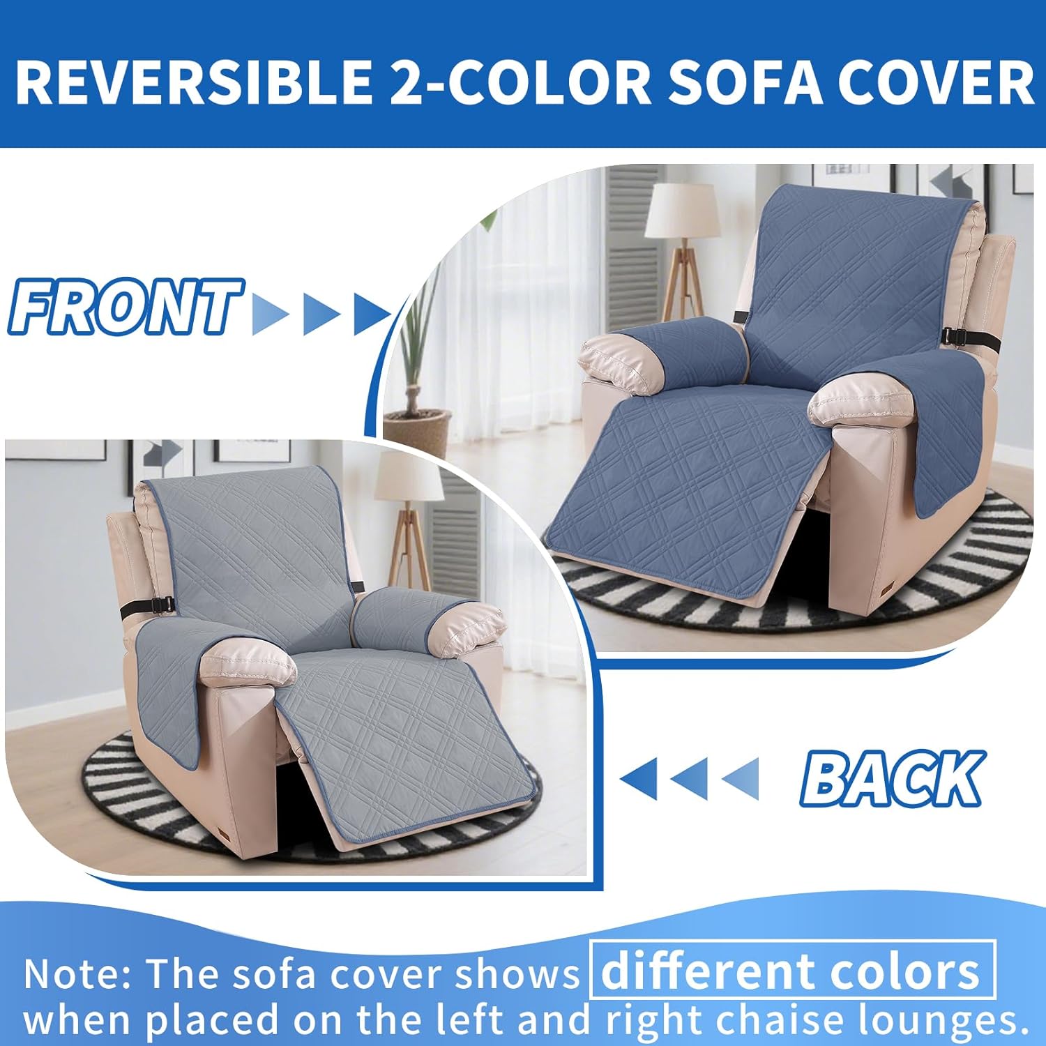 Detalle de Housse de Fauteuil Relax Ystyle, Réversible et Anti-Dérapante – 1 Place, Gris-Bleu / Gris Clair