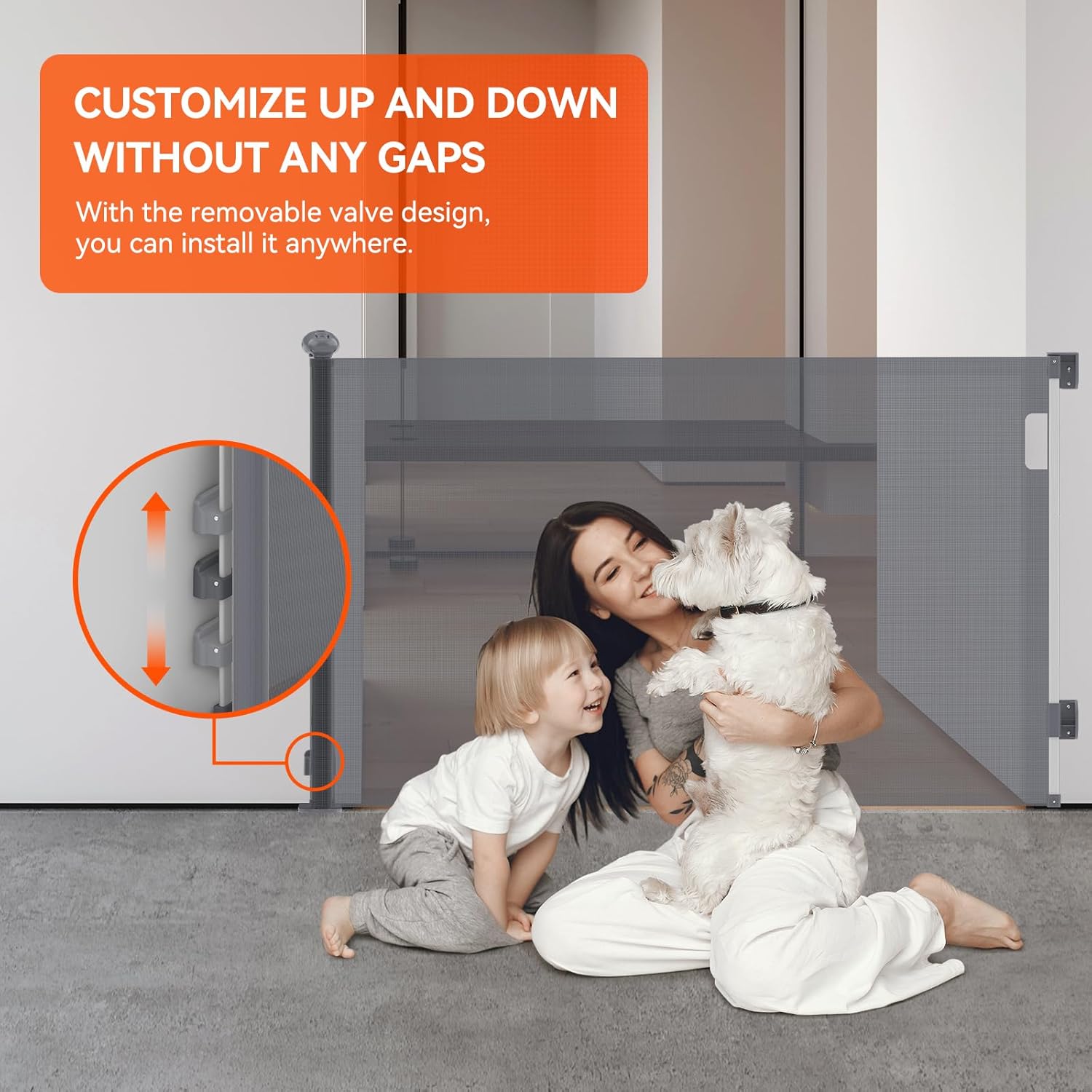 Detalle de Muaket Retractable Stair Gate for Babies and Pets (0–180cm) with One-Handed Silent Operation
