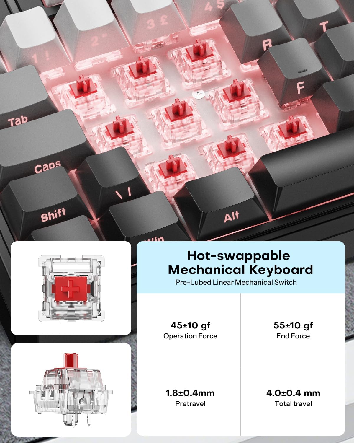 Detalle de OMOTON Mechanical Keyboard Gaming 75% ISO-UK: Tri-Mode Wireless, Hot Swap Gasket Mount, 4000mAh Battery