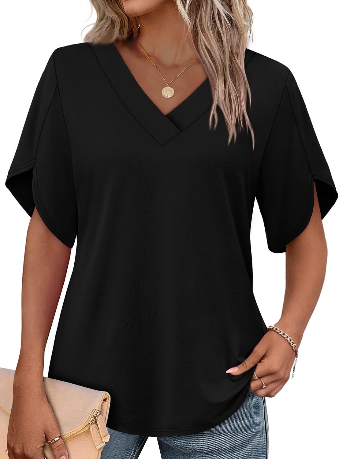 Detalle de WIHOLL Women's Summer Top: Petal Sleeve, V-Neck – Versatile Wardrobe Essential