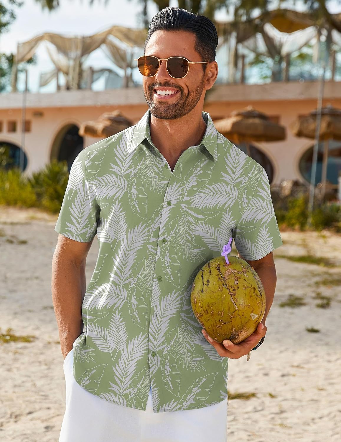 Detalle 2 de COOFANDY Men's Hawaiian Shirt, Short-Sleeve Button-Down with Tropical Print