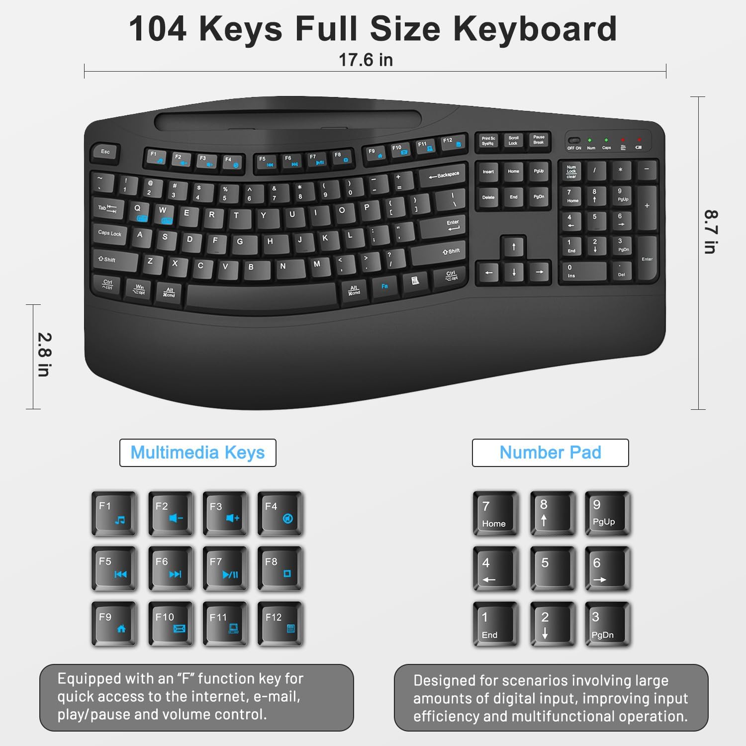Thumbnail 6 de Faadar Wireless Keyboard and Mouse Combo (2.4G Full Size Wave Keys + Wrist Rest, Phone Holder) with Silent 3-Level DPI Mouse