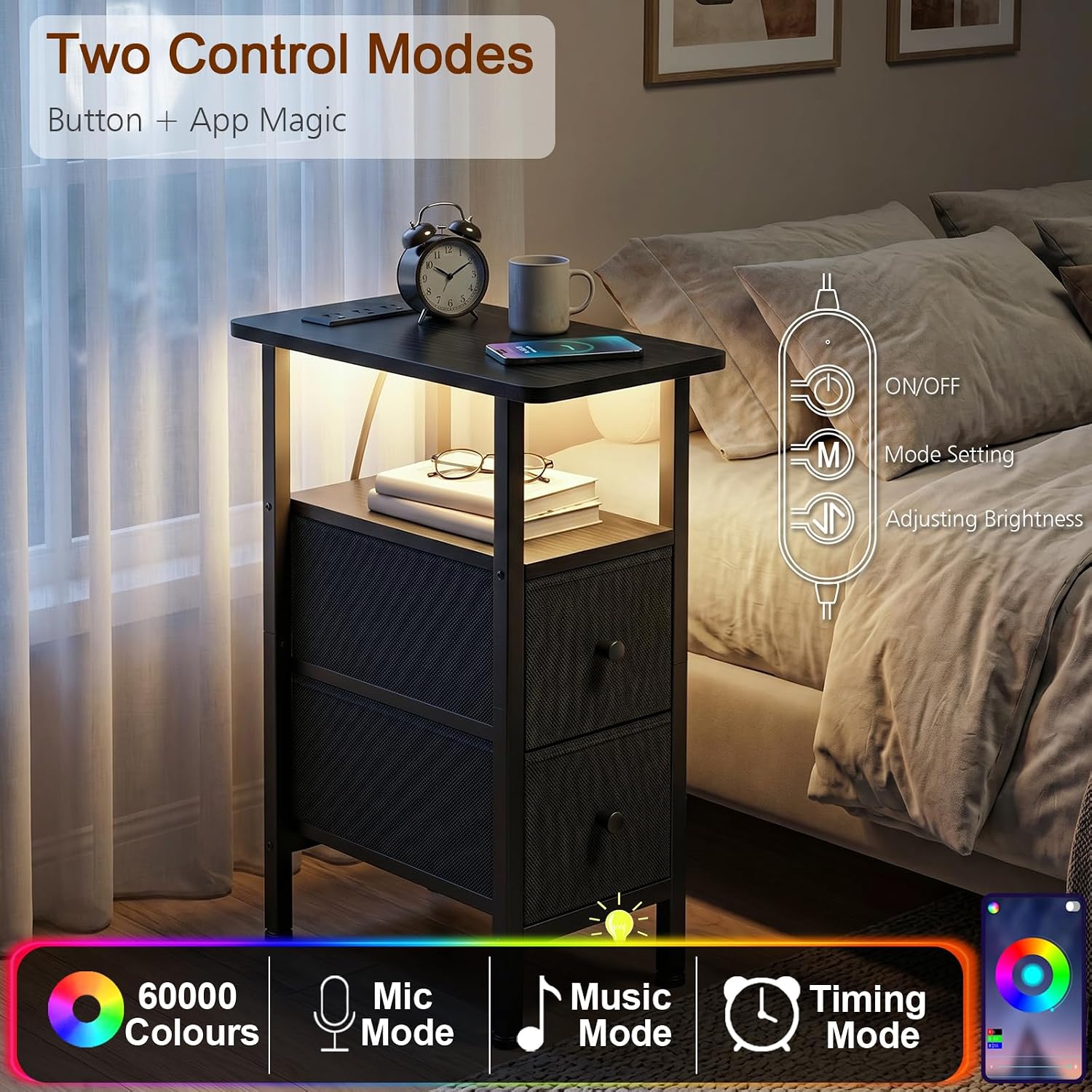 Detalle de LOAKEKEL HETNDP02L Narrow End Table with Charging Station, LED Light and Drawers