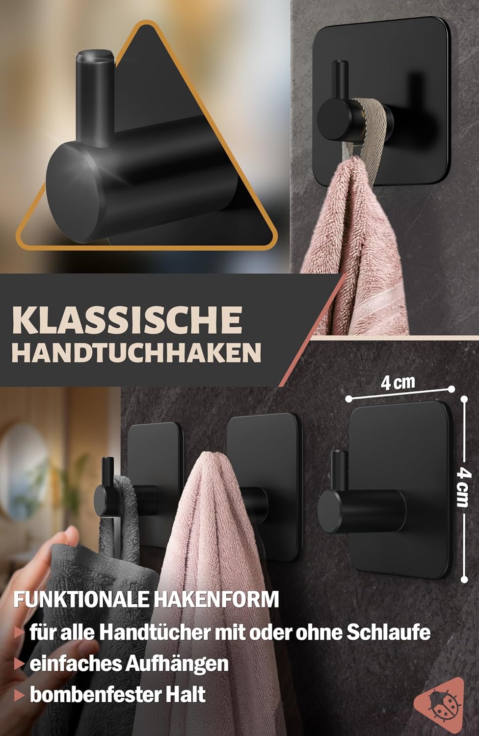 Detalle de 4smile Handtuchhalter ohne Bohren – 4er-Set in Schwarz, wasserfeste Klebehaken aus Edelstahl (V2A) bis 10 kg