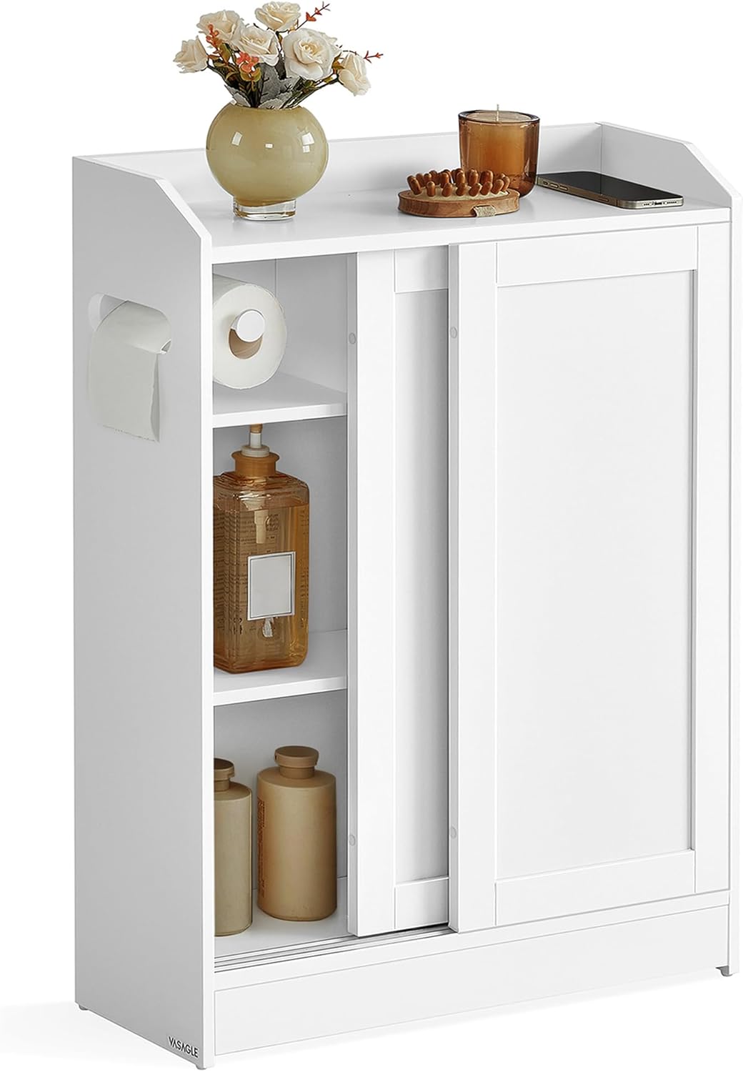 VASAGLE Mobile Bagno salvaspazio con ante scorrevoli, portarotolo e scomparto per scopino BBC752W01