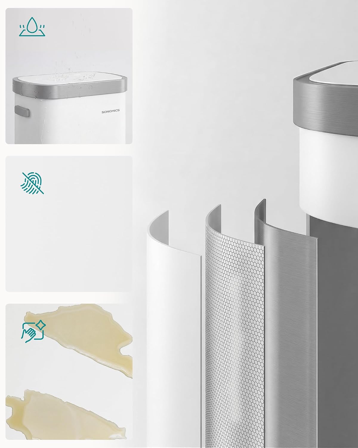 Detalle 1 de SONGMICS LTB640WZ02 kökssoptunna, 50 liter, sensor och touch, vit