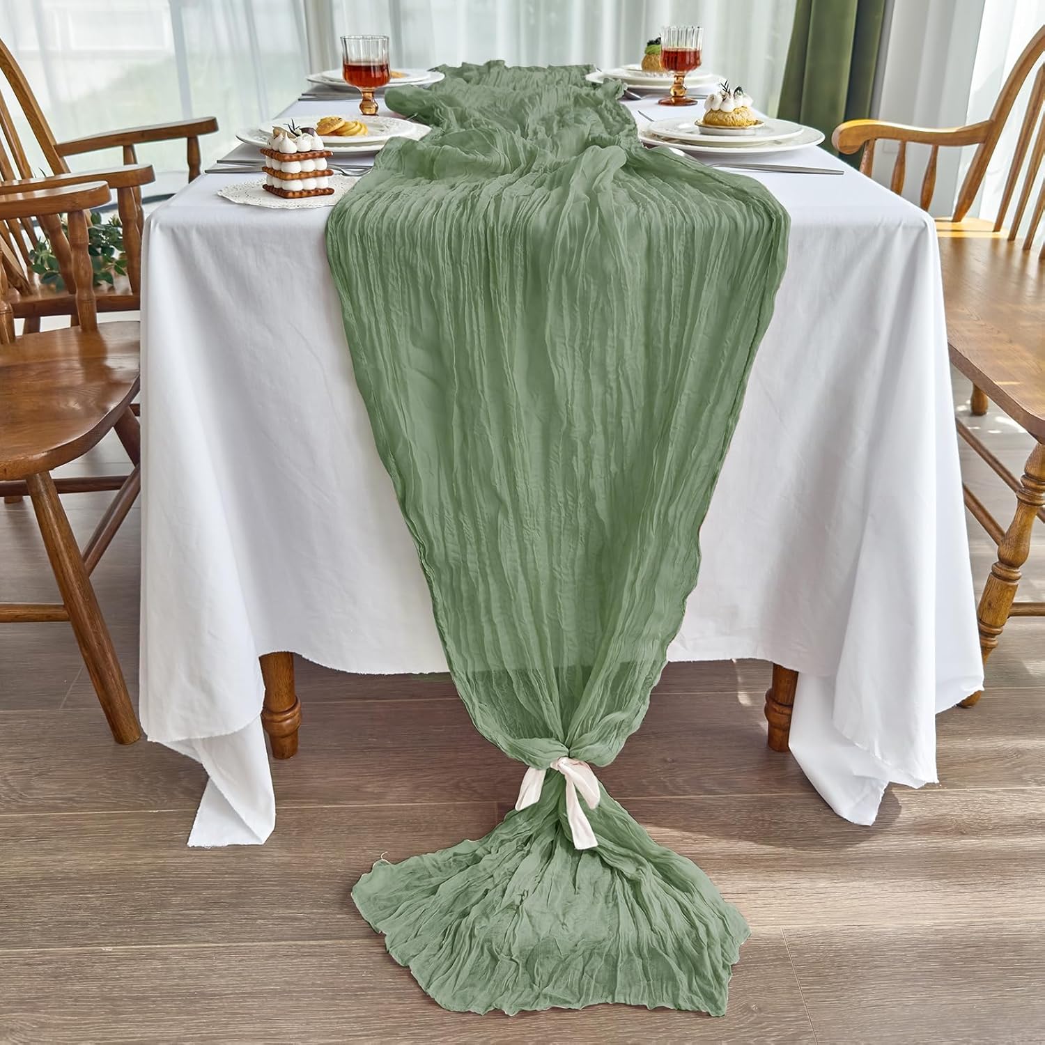 Detalle de IVAPUPU 2-Piece Gauze Cheesecloth Table Runner Set (10 ft) in Sage Green for Spring & Easter Decor
