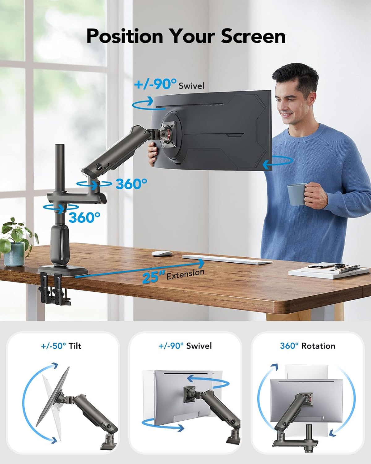 Detalle de HUANUO braccio per monitor ultrawide 49" heavy duty con VESA 75x75/100x100 e supporto fino a 18 kg