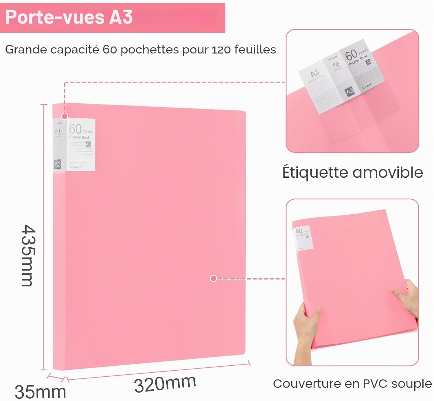 Thumbnail 1 de Srvnpioy – Porte‑Vues A3, 2 Pièces, 60 Pochettes, Rose