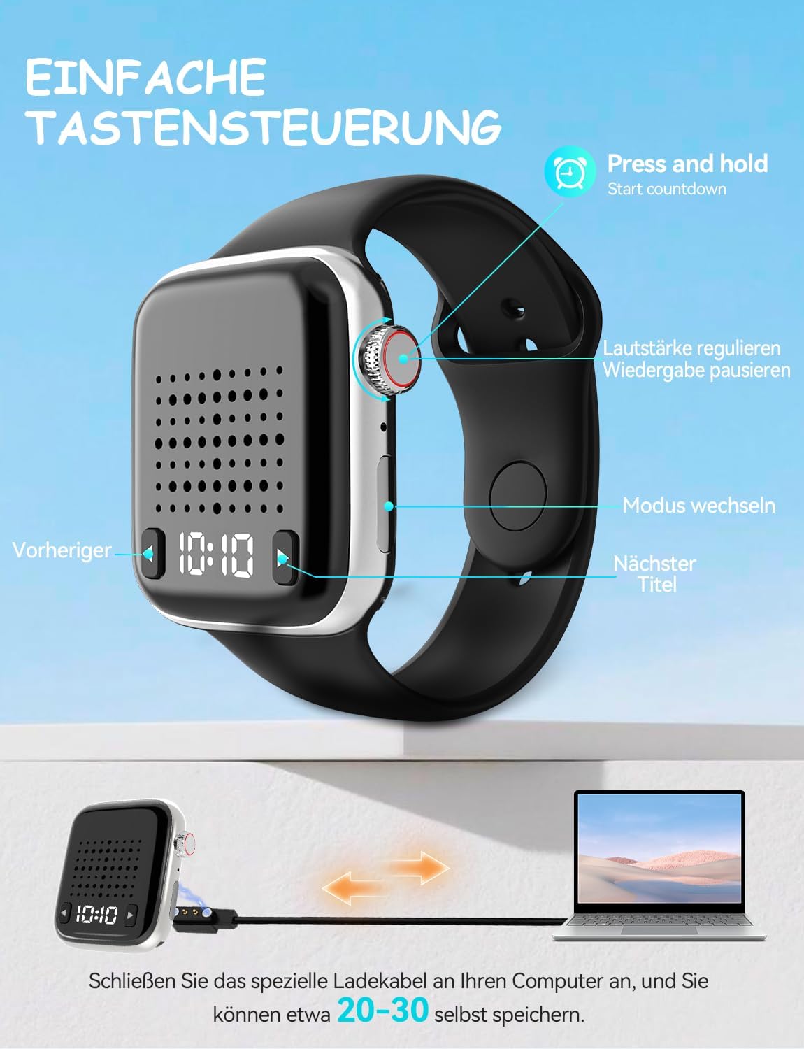 Thumbnail 6 de OHLPRO Wearable Bluetooth Lautsprecher – kompakter Allrounder mit Uhranzeige, Armband & Magnetclip