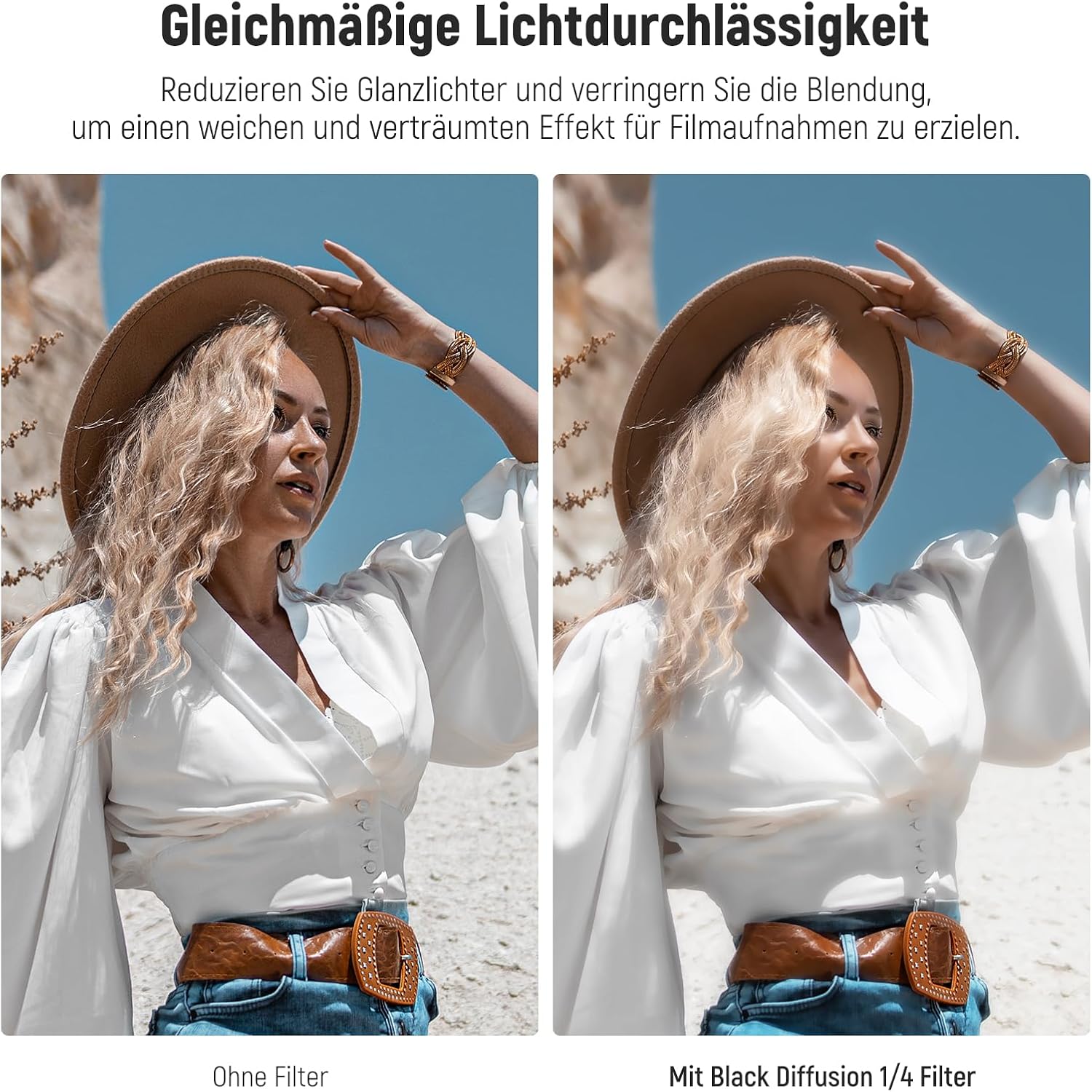 Detalle de NEEWER 62mm Black Diffusion 1/8 Filter – sanfte Hauttöne und kinoartiger Glanz für Video, Porträt & Vlogging