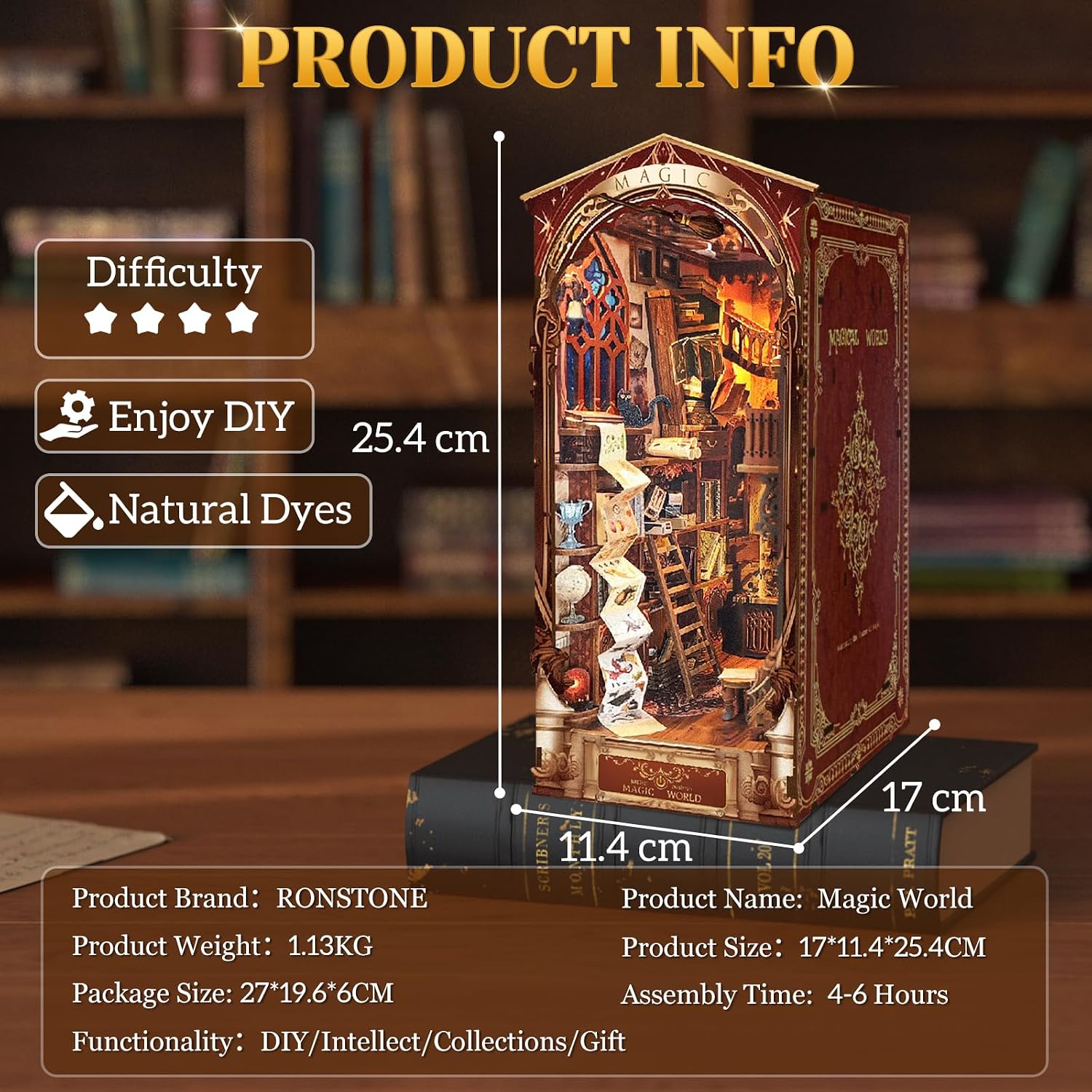 Detalle de RONSTONE Magische Wereld Book Nook Kit – houten 3D-puzzel met ledlicht en stofhoes