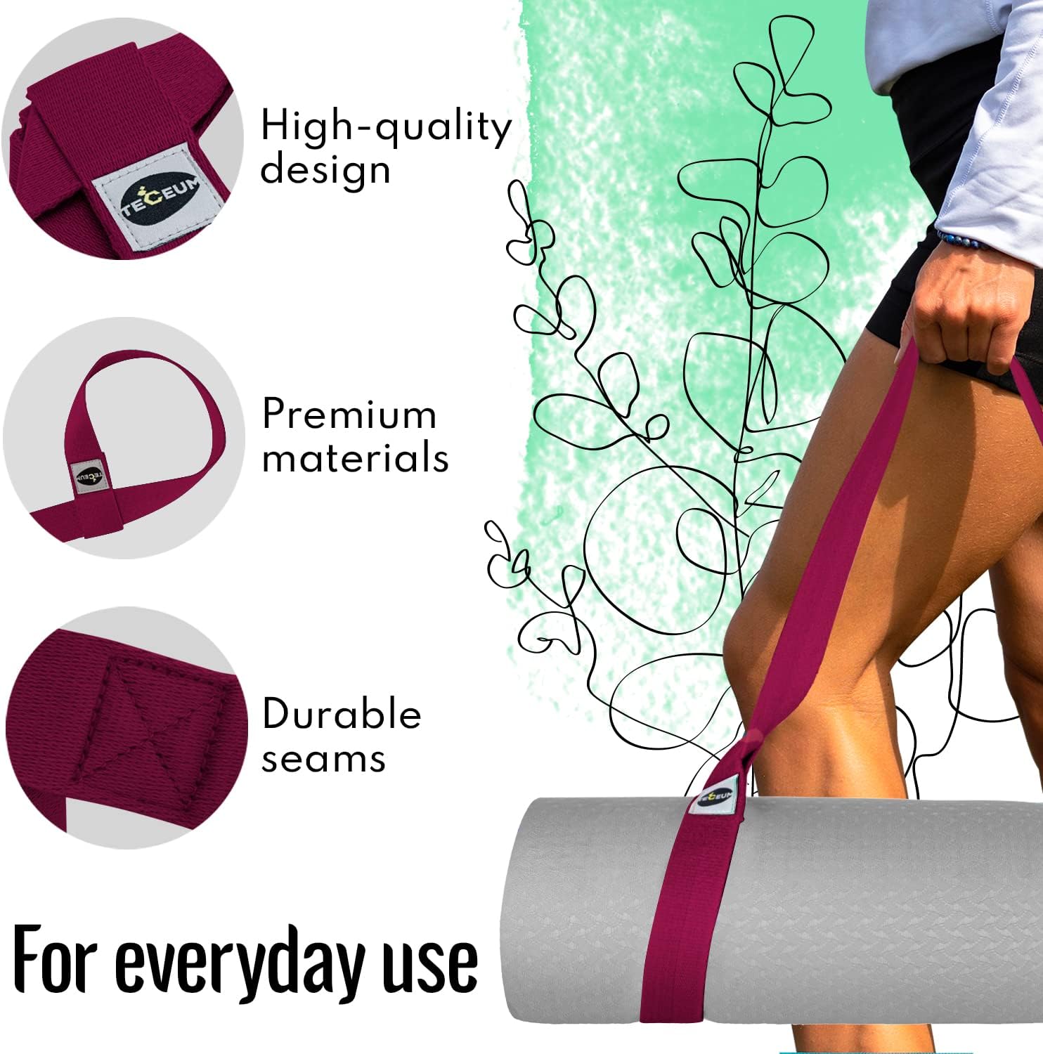 Detalle 2 de TECEUM Yoga Mat Strap, 64 IN Cotton-Blend Carrier in Deep Raspberry