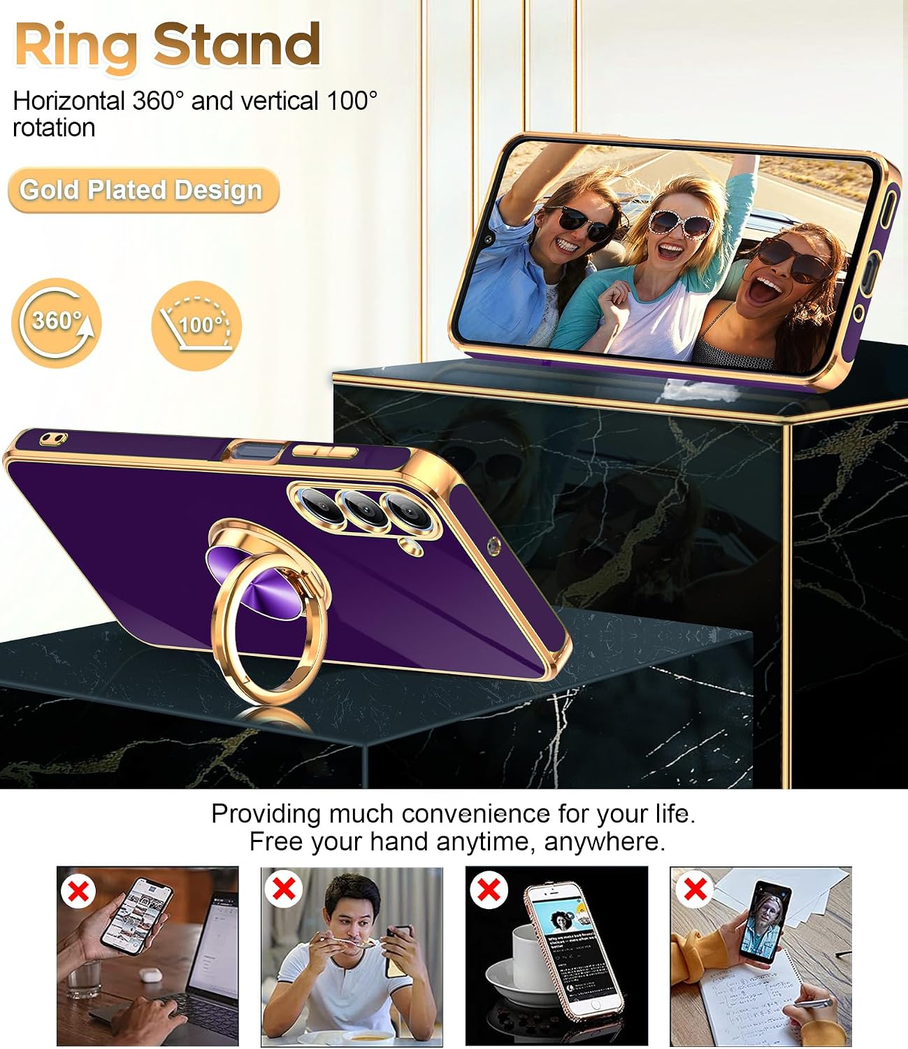 Thumbnail 2 de LeYi Galaxy A16 5G Case (2-Pack) with Tempered Glass Screen Protectors and 360° Magnetic Ring Stand in Rose Gold Edge, Deep Purple