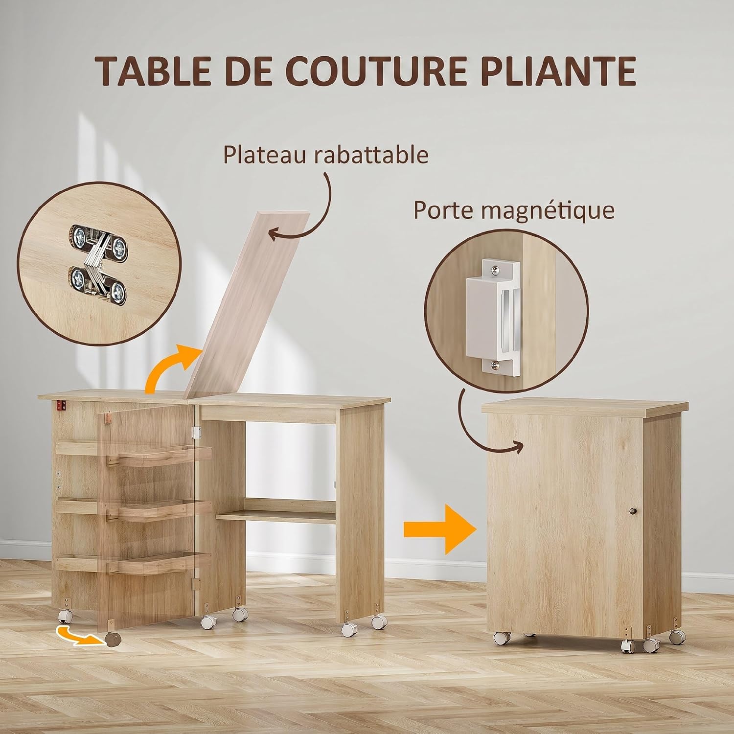 Detalle de HOMCOM L10-002V80ND opvouwbare naaitafel met klapblad en opbergruimte