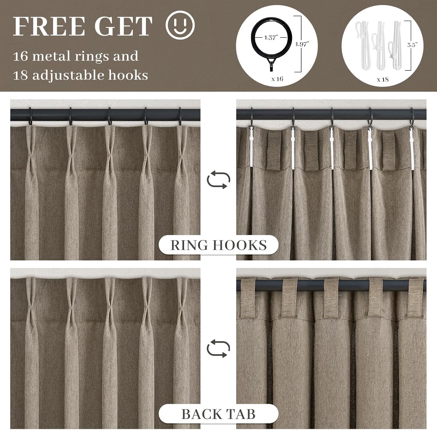 Detalle de Drapenova Burlywood Pinch Pleat Curtains, 84-Inch, Light-Filtering 2-Panel Set