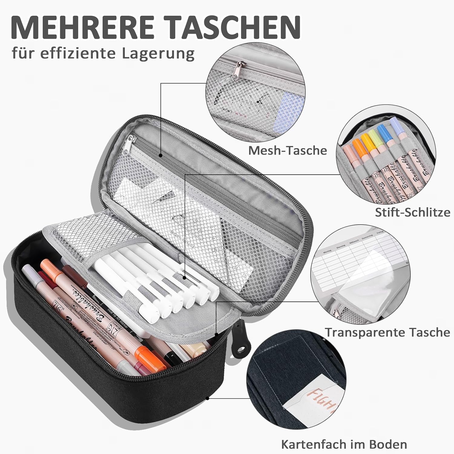 Thumbnail 4 de wonsar Federmäppchen Mäppchen (22 × 10 × 7,5 cm) mit 4 Fächern – für Schule, Büro & Reisen