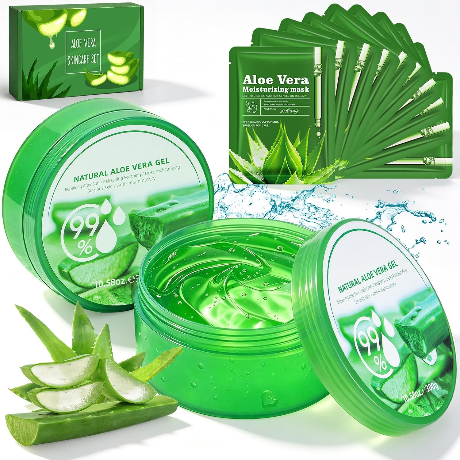 Detalle de Aloe Vera Gel 2 × 300 g + 10 Masken – natürliches Hautpflege-Set